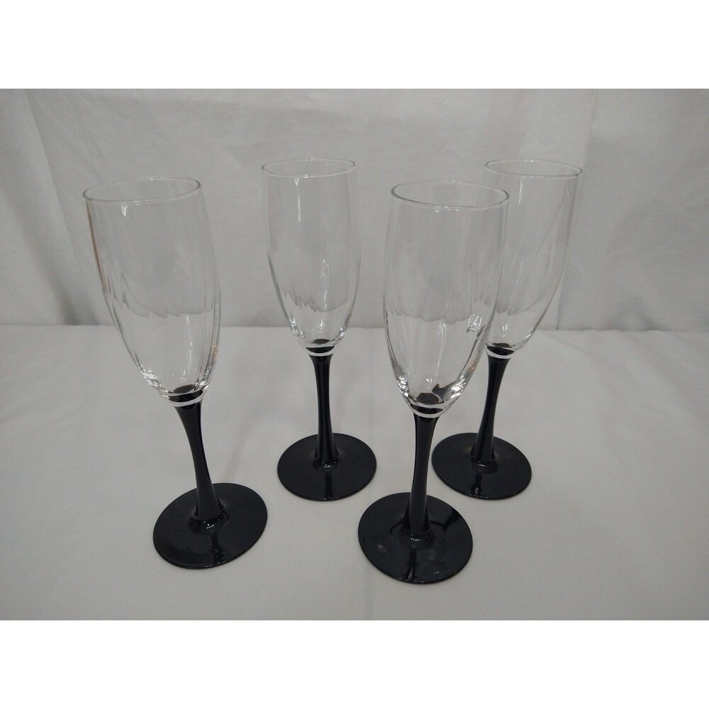 Set of 4 Swirl Black Stem Champagne Flutes Glasses Unmarked